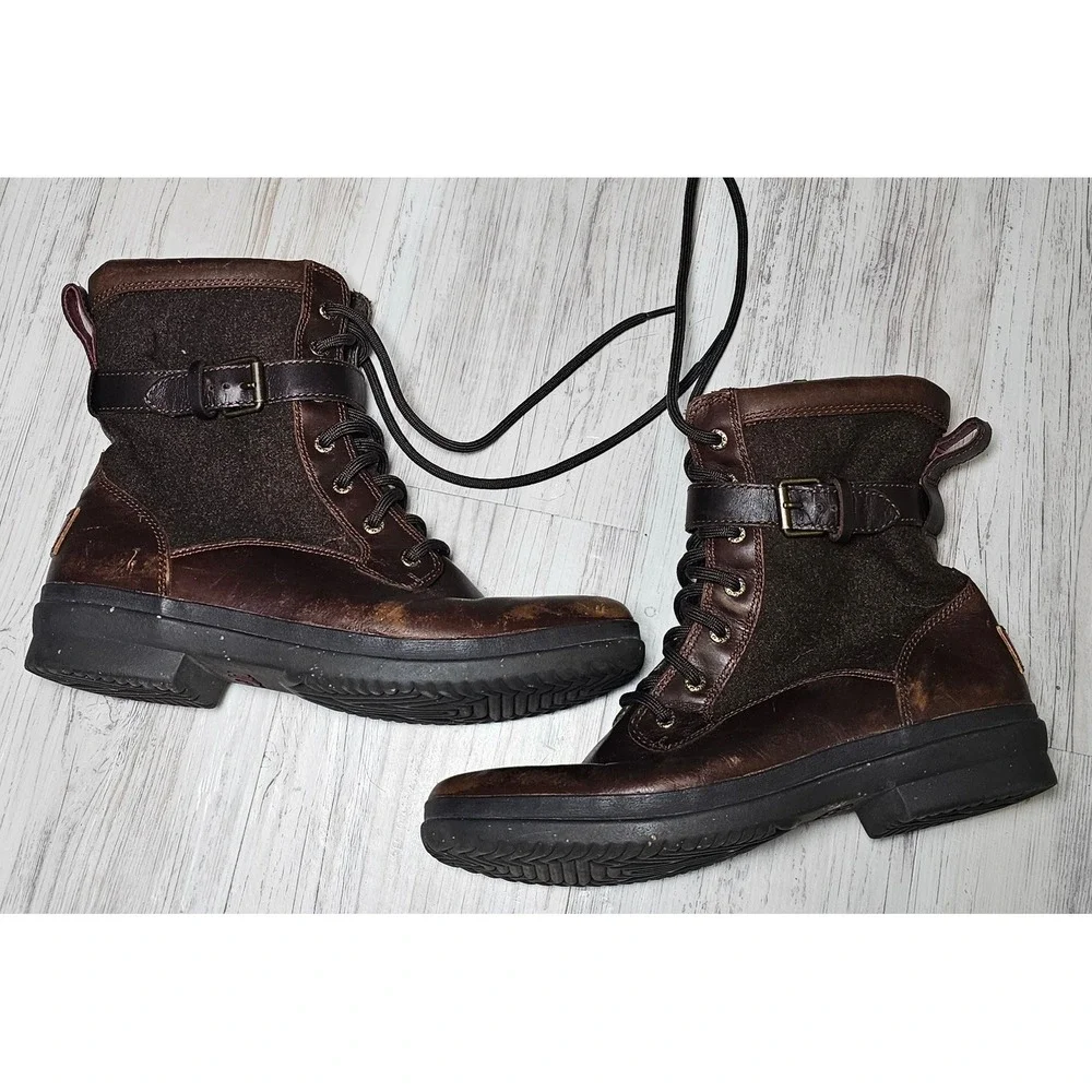 UGG Waterproof Brown Leather Wool Lined Boots Men's 9.5 Zip Lace Up Combat Style